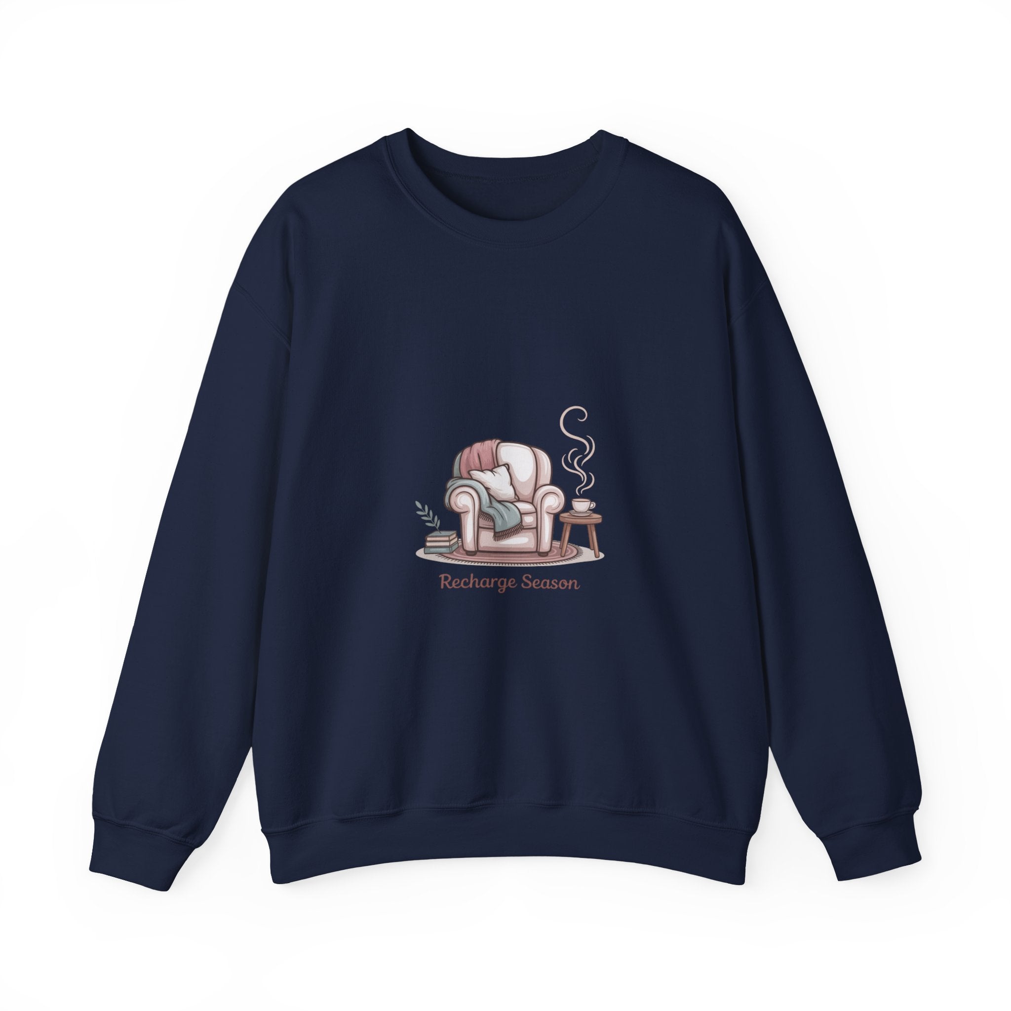 Crewneck Sweatshirt — "Recharge Season" Cozy Armchair Illustration