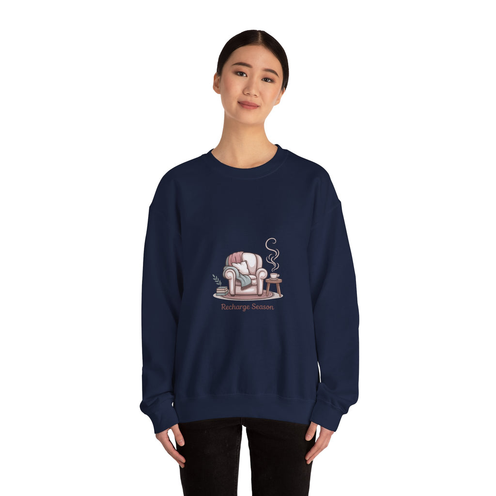 Crewneck Sweatshirt — "Recharge Season" Cozy Armchair Illustration