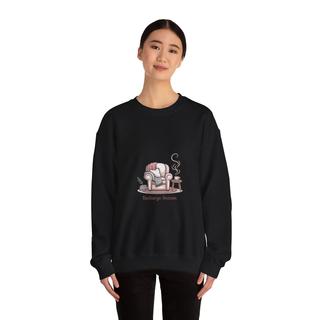 Crewneck Sweatshirt — "Recharge Season" Cozy Armchair Illustration
