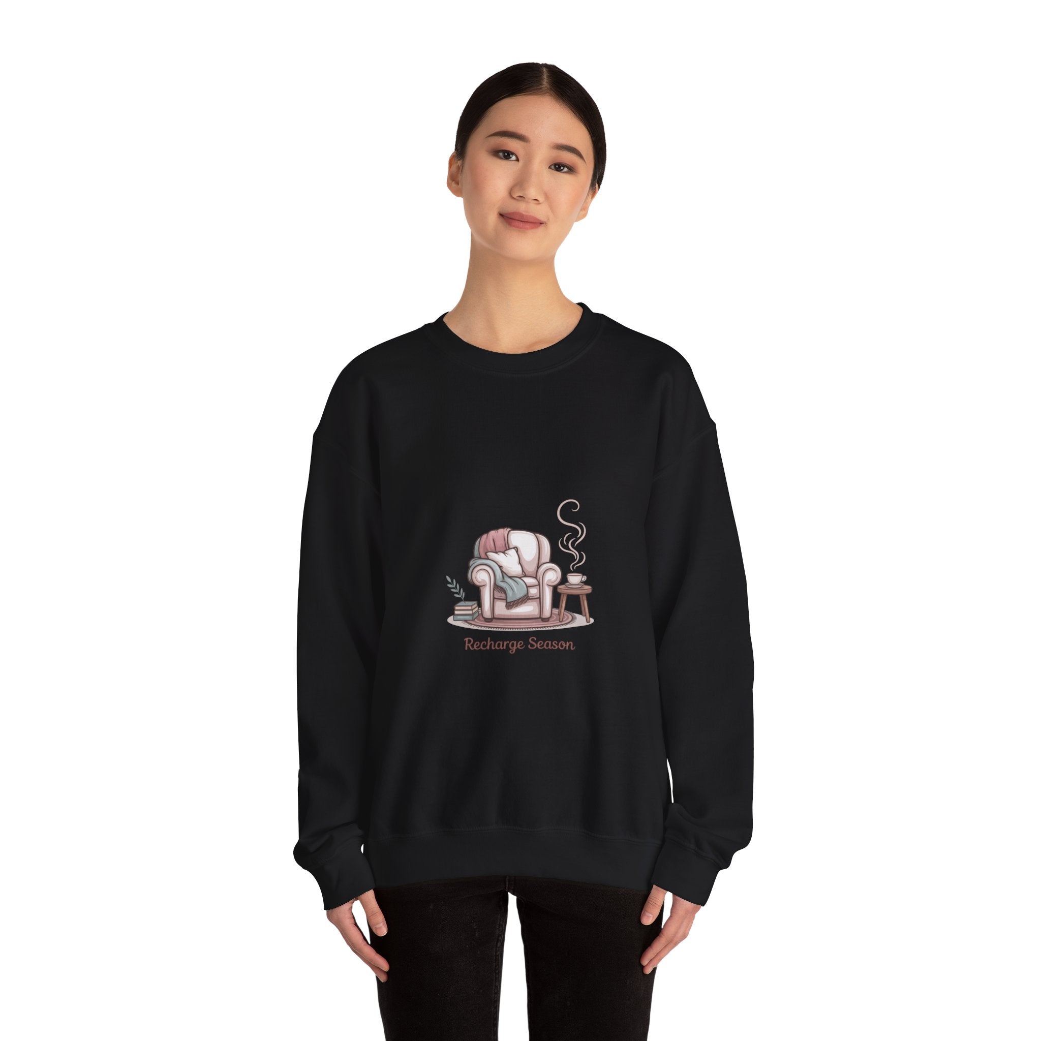 Crewneck Sweatshirt — "Recharge Season" Cozy Armchair Illustration