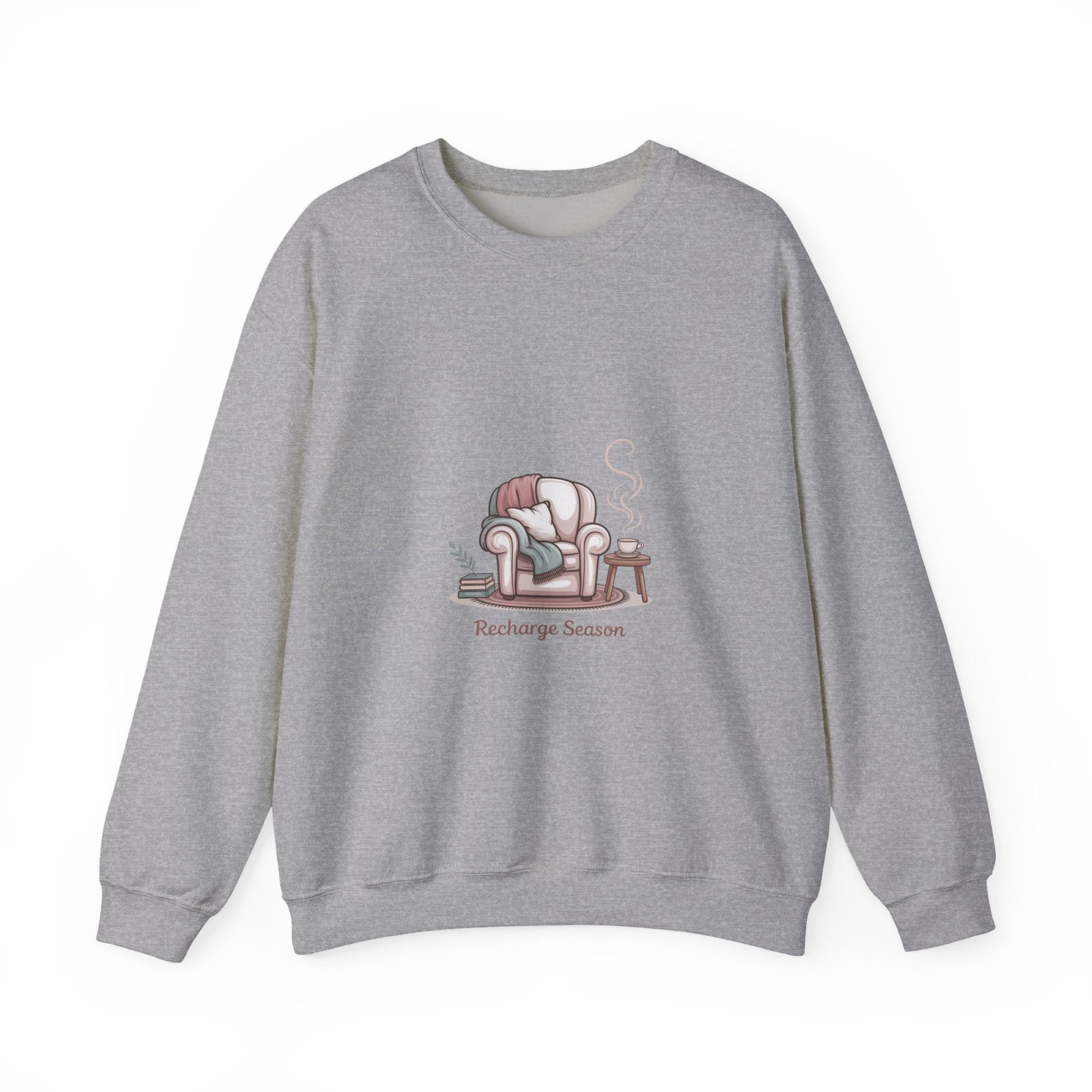 Crewneck Sweatshirt — "Recharge Season" Cozy Armchair Illustration