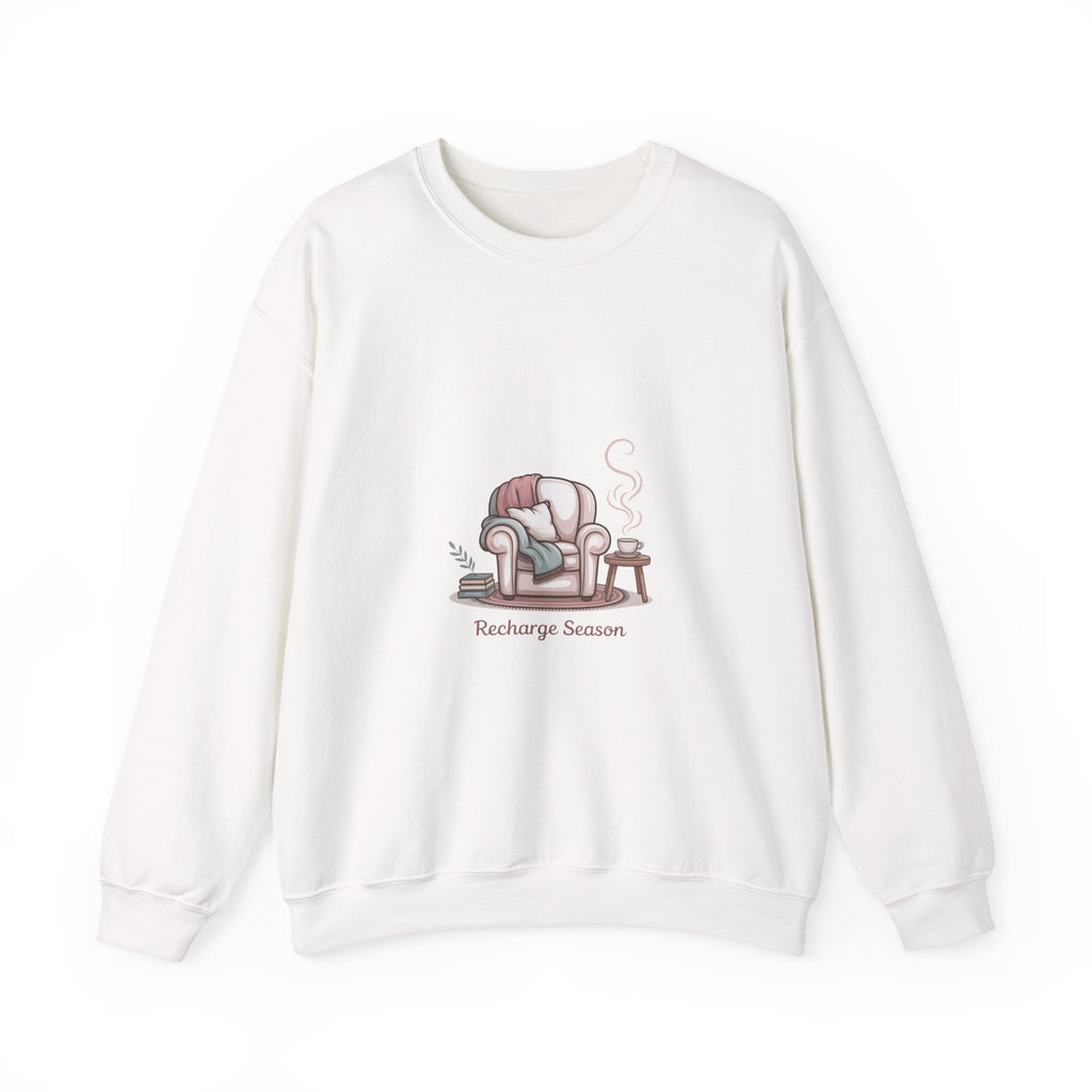 Crewneck Sweatshirt — "Recharge Season" Cozy Armchair Illustration