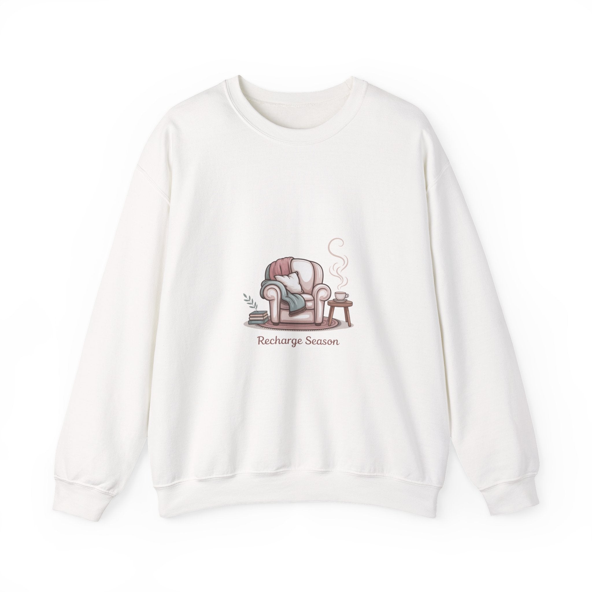 Crewneck Sweatshirt — "Recharge Season" Cozy Armchair Illustration