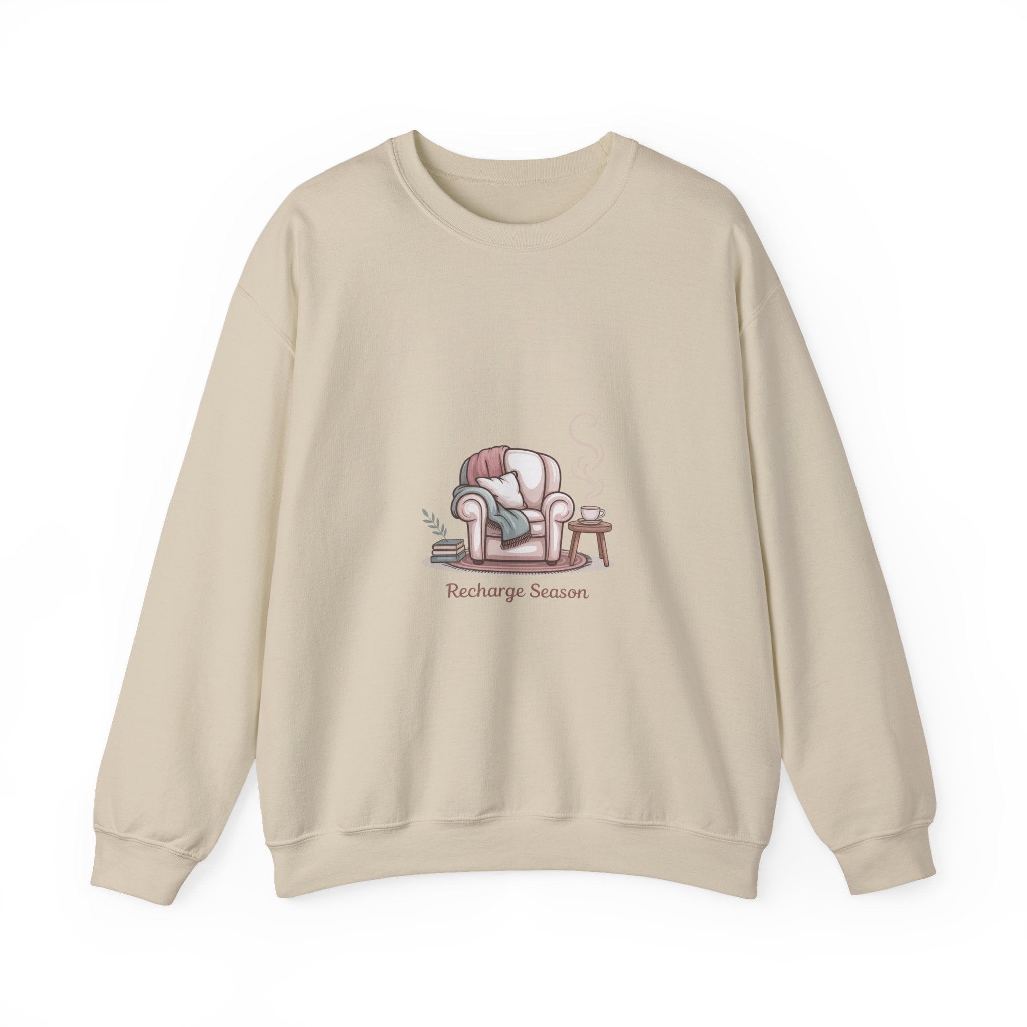 Crewneck Sweatshirt — "Recharge Season" Cozy Armchair Illustration